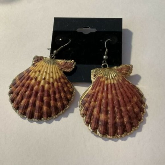 GOLD TRIM SEA SHELL EARRINGS Unique Coloring Beautiful Pcd Earrings - Picture 1 of 4